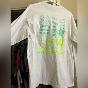 PINK Victoria's Secret White Tee with green and yellow logo. Long sleeve